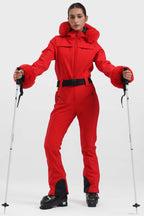 Women's Grey Shirred Faux-Fur Waterproof One-Piece Ski Suit Snowboard Suit