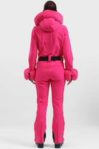 Women's Black Shirred Faux-Fur Waterproof One-Piece Ski Suit Snowboard Suit