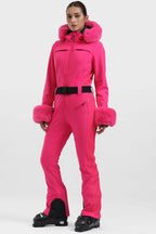 Women's Neon Red Shirred Faux-Fur Waterproof One-Piece Ski Suit Snowboard Suit
