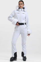 Women's White Shirred Faux-Fur Waterproof One-Piece Ski Suit Snowboard Suit