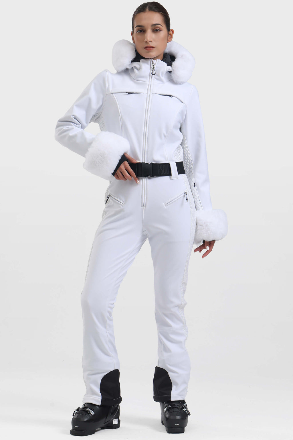 Women's Khaki Shirred Faux-Fur Waterproof One-Piece Ski Suit Snowboard Suit