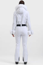 Women's Magenta Shirred Faux-Fur Waterproof One-Piece Ski Suit Snowboard Suit