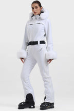 Women's Black Shirred Faux-Fur Waterproof One-Piece Ski Suit Snowboard Suit
