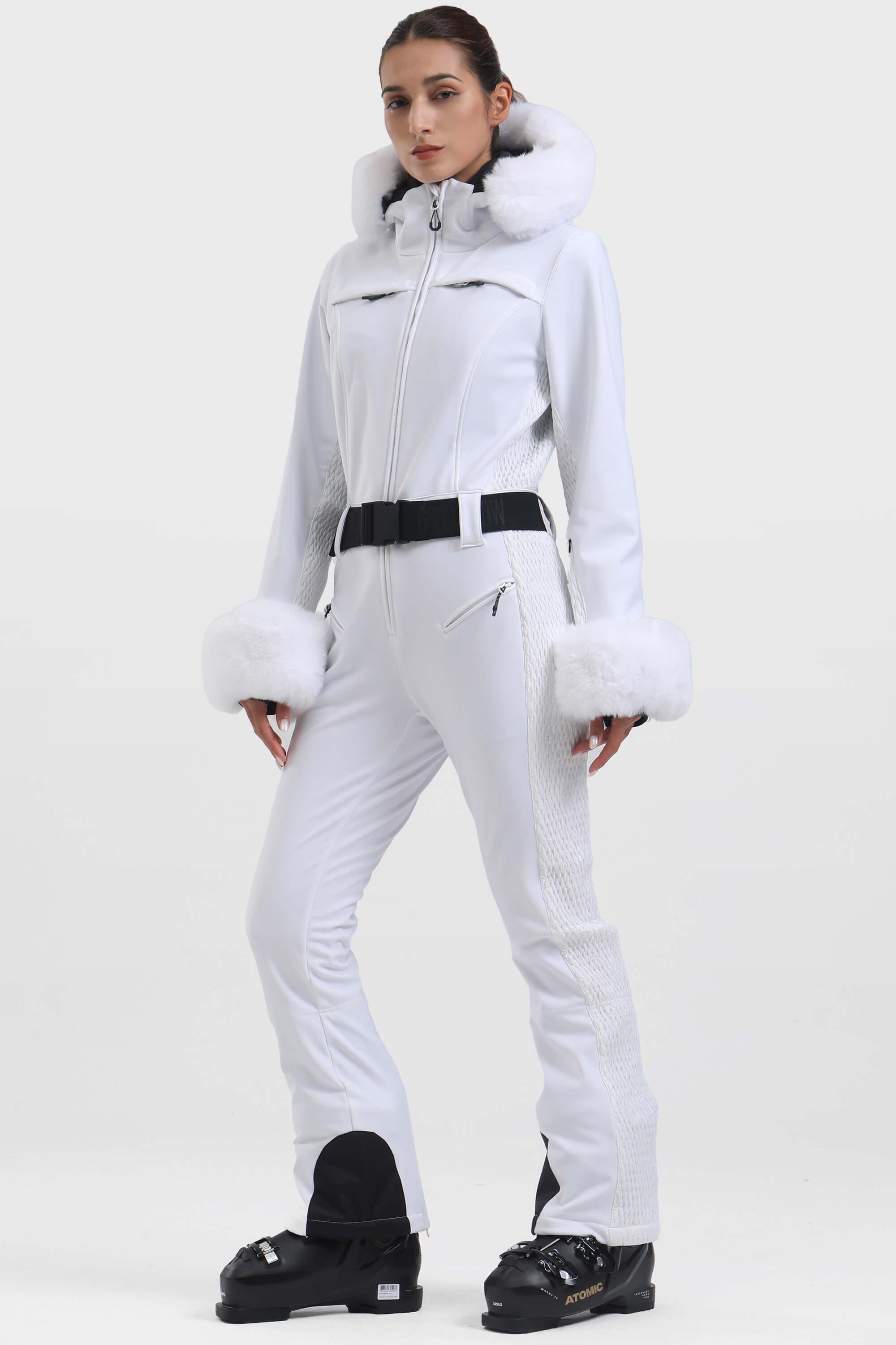 Women's White Shirred Faux-Fur Waterproof One-Piece Ski Suit Snowboard Suit