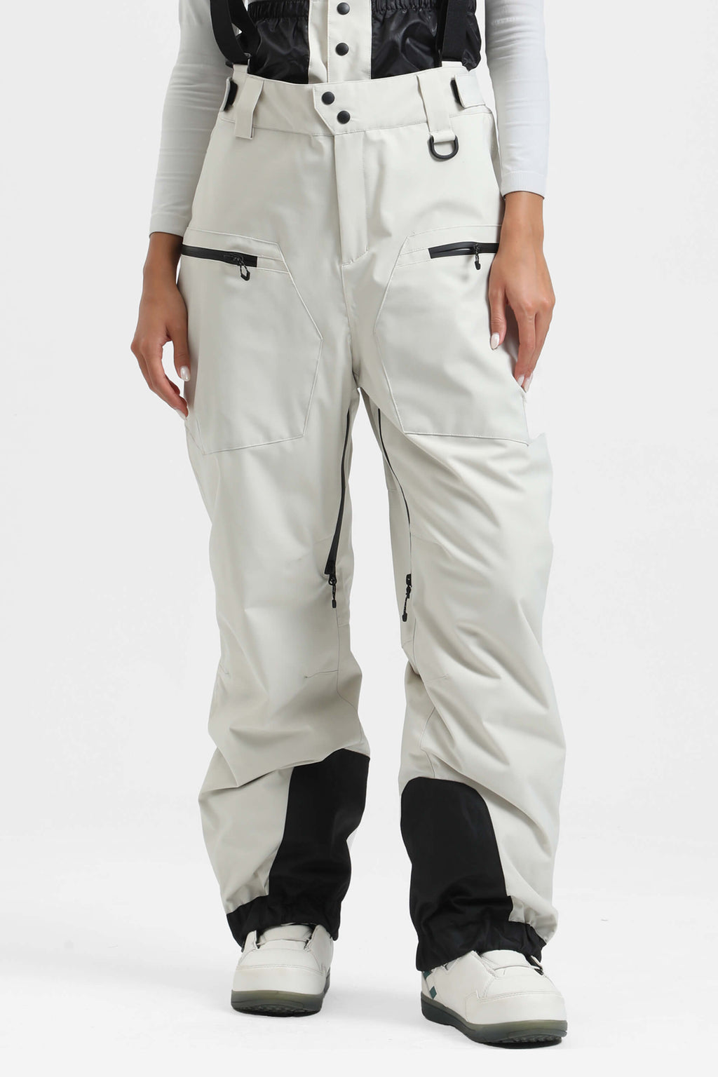 Women's Off White Insulated Baggy Ski Pants With Detachable Suspenders Snow Pants