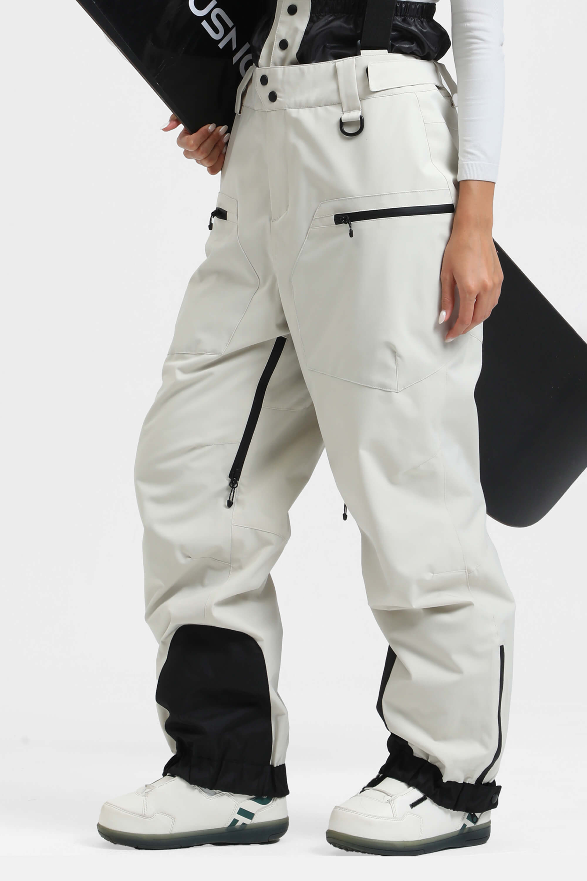 Women's Pink Insulated Baggy Ski Pants With Detachable Suspenders Snow Pants