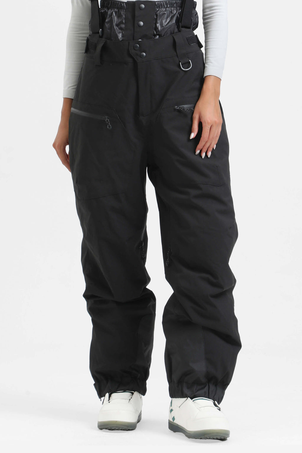 Women's Black Insulated Baggy Snow Pants With Detachable Suspenders Ski Pants - Gsou Snow