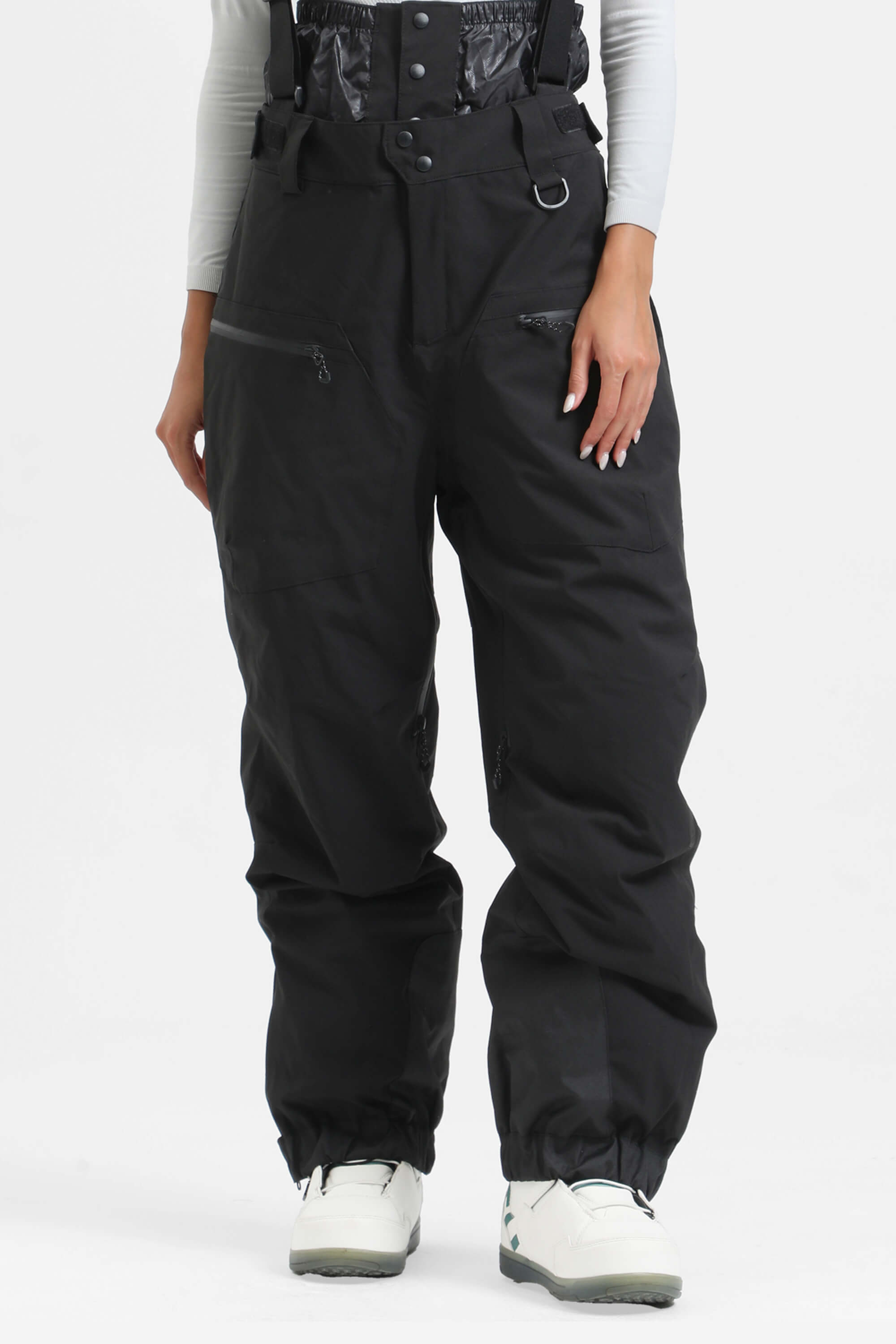 Women's Black Insulated Baggy Ski Pants With Detachable Suspenders Snow Pants