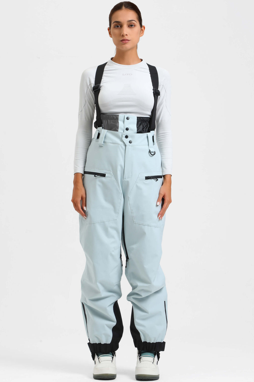 Women's Off White Insulated Baggy Ski Pants With Detachable Suspenders Snow Pants
