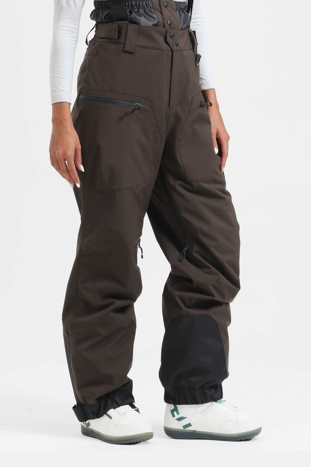 Women's Off White Insulated Baggy Ski Pants With Detachable Suspenders Snow Pants