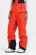 Women's Neon Red Insulated Baggy Ski Pants With Detachable Suspenders Snow Pants