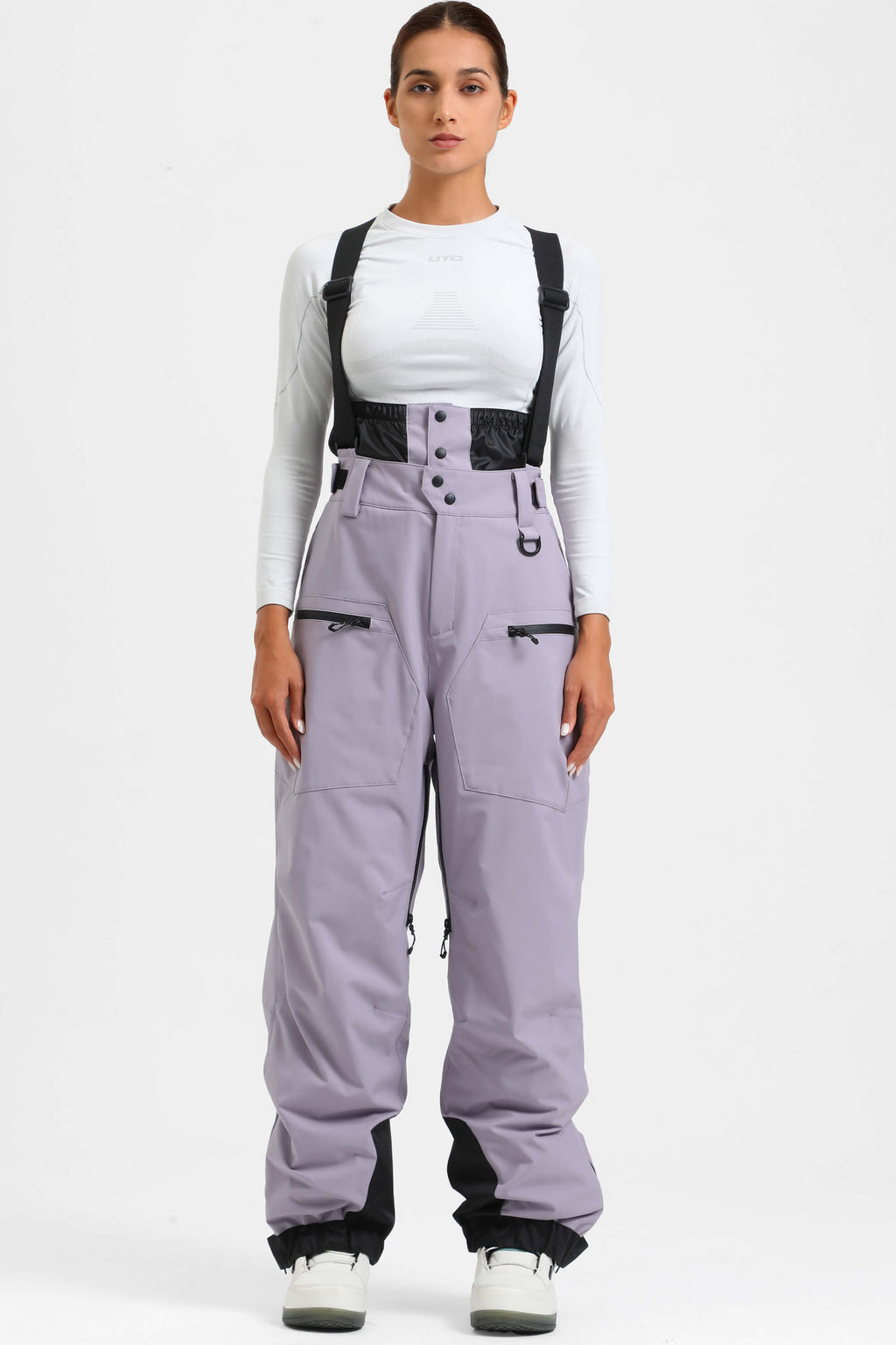 Women's Off White Insulated Baggy Ski Pants With Detachable Suspenders Snow Pants