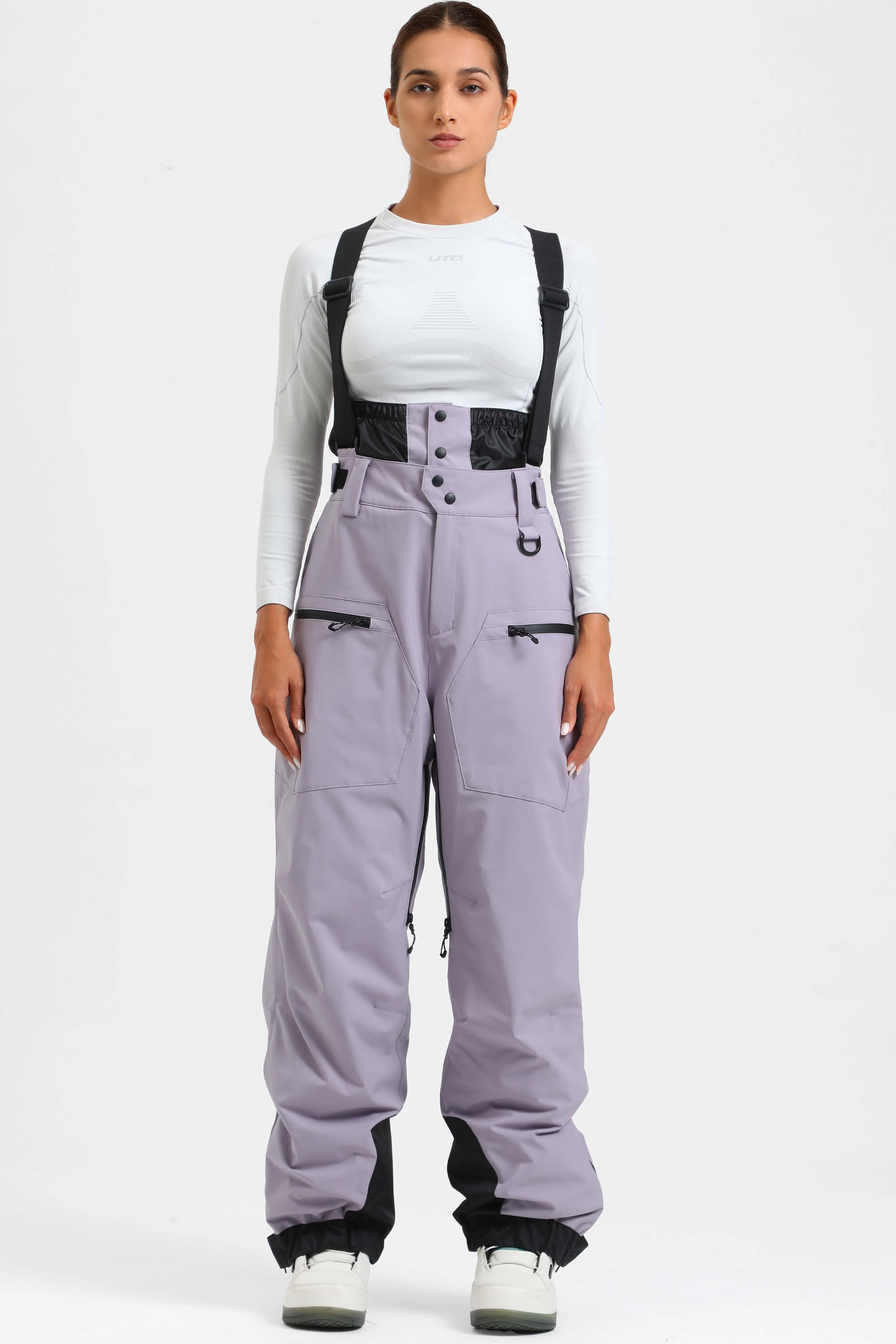Women's Coffee Insulated Baggy Ski Pants With Detachable Suspenders Snow Pants