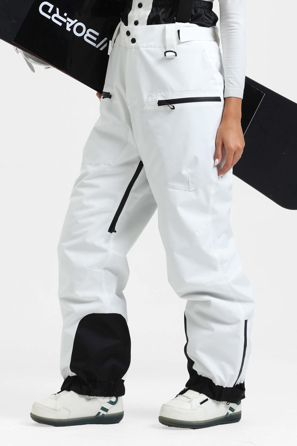Women's Off White Insulated Baggy Ski Pants With Detachable Suspenders Snow Pants