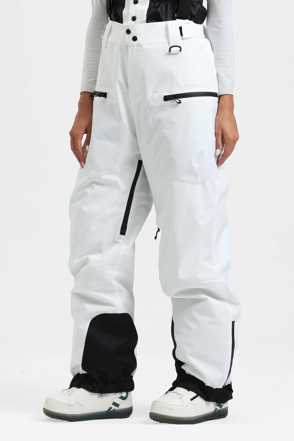 Women's Off White Insulated Baggy Ski Pants With Detachable Suspenders Snow Pants
