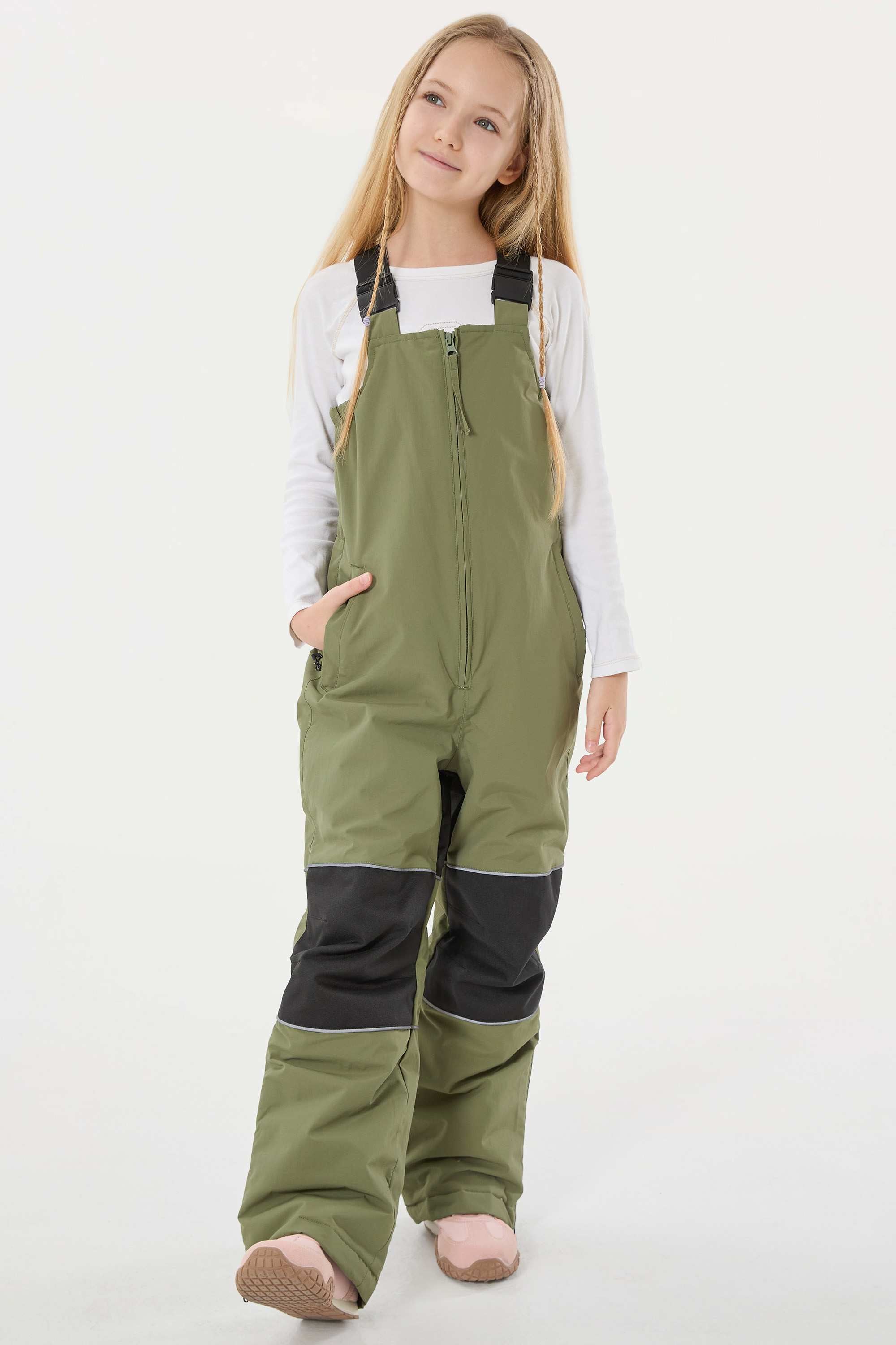 Girls’ Army Green Waterproof Snow Bibs Reflective Durable Ski Bibs - Gsou Snow