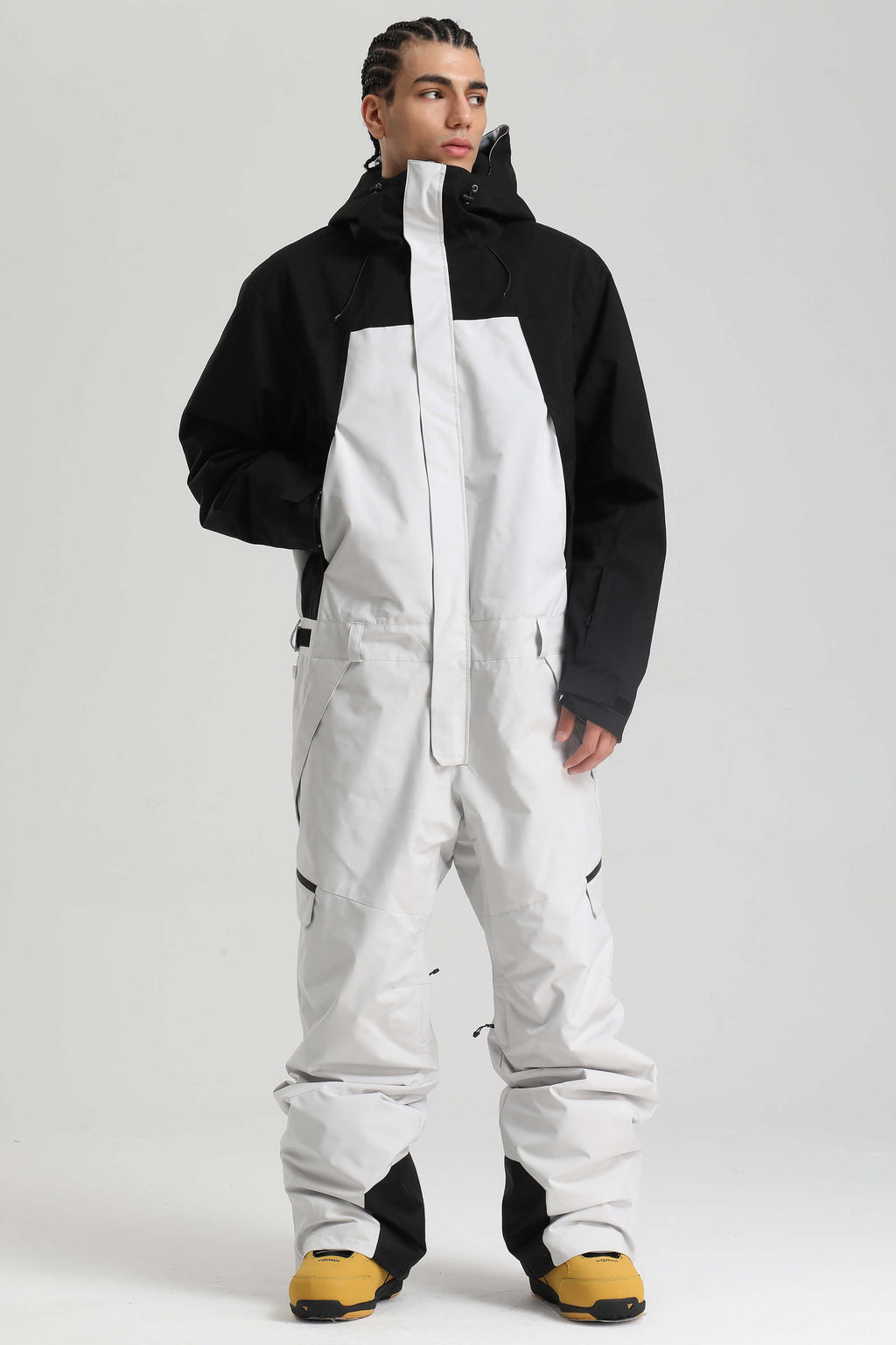 Men's Khaki & White Insulated Color-Block Utility Baggy One-Piece Ski Suit Snowboard Suit