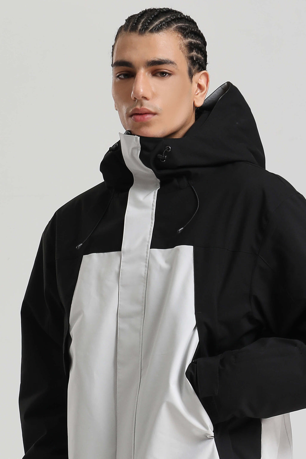 Men's Black & White Insulated Color-Block Utility Baggy One-Piece Ski Suit Snowboard Suit