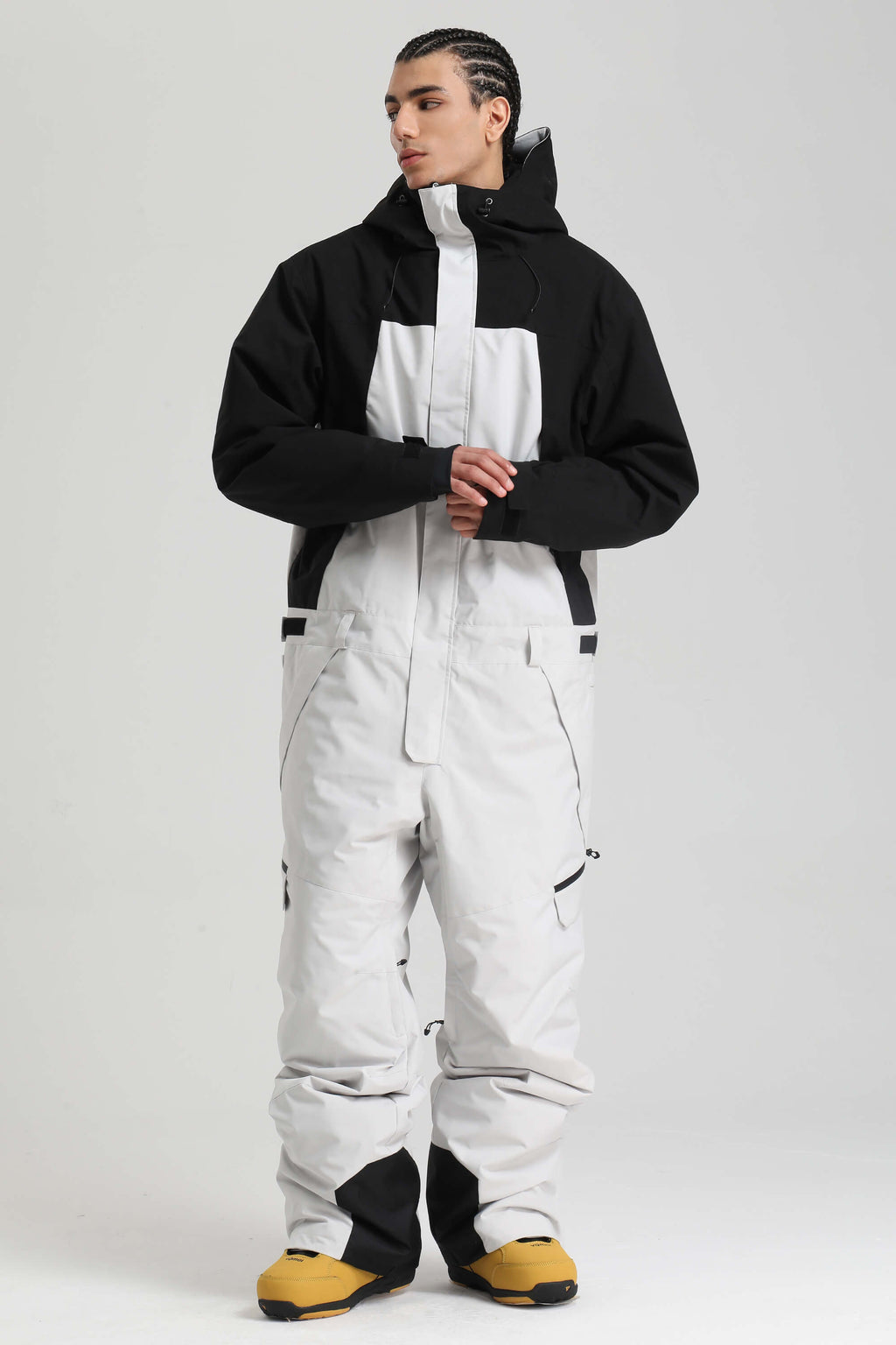Men's Black & White Insulated Color-block Ski Suit Utility Baggy One-Piece Snowboard Suit - Gsou Snow