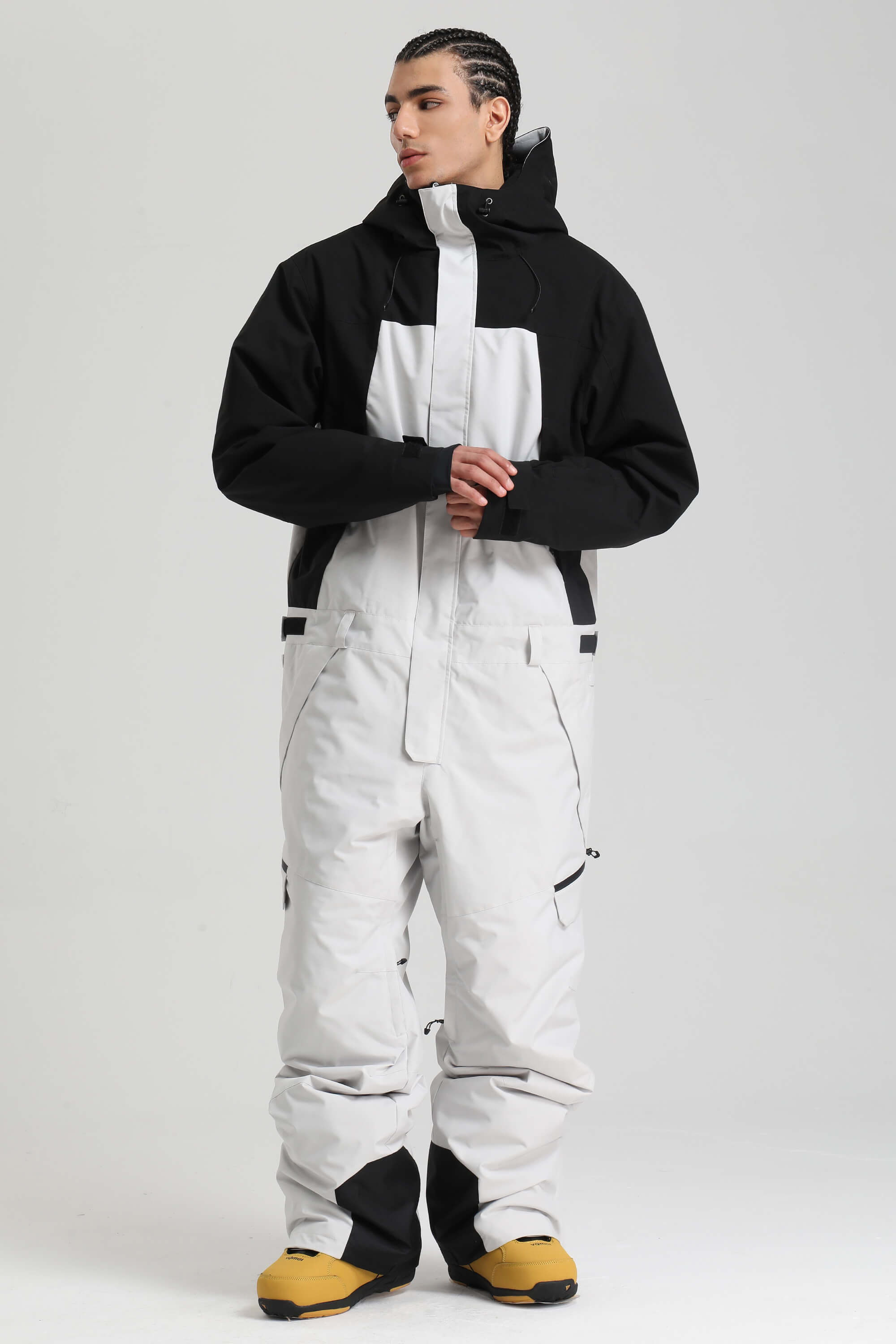 Men's Black & White Insulated Color-block Ski Suit Utility Baggy One-Piece Snowboard Suit - Gsou Snow