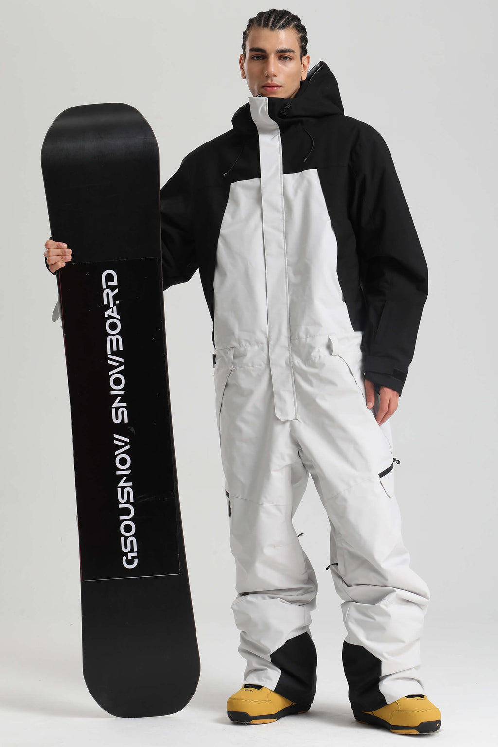 Men's Black & Green Insulated Color-Block Utility Baggy One-Piece Ski Suit Snowboard Suit