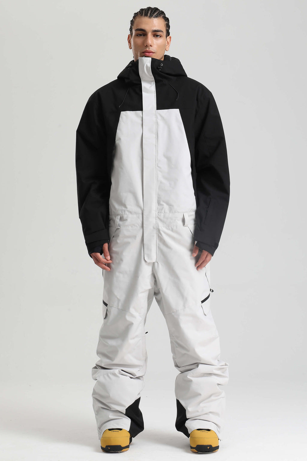 Men's Black & White Insulated Color-block Ski Suit Utility Baggy One-Piece Snowboard Suit - Gsou Snow