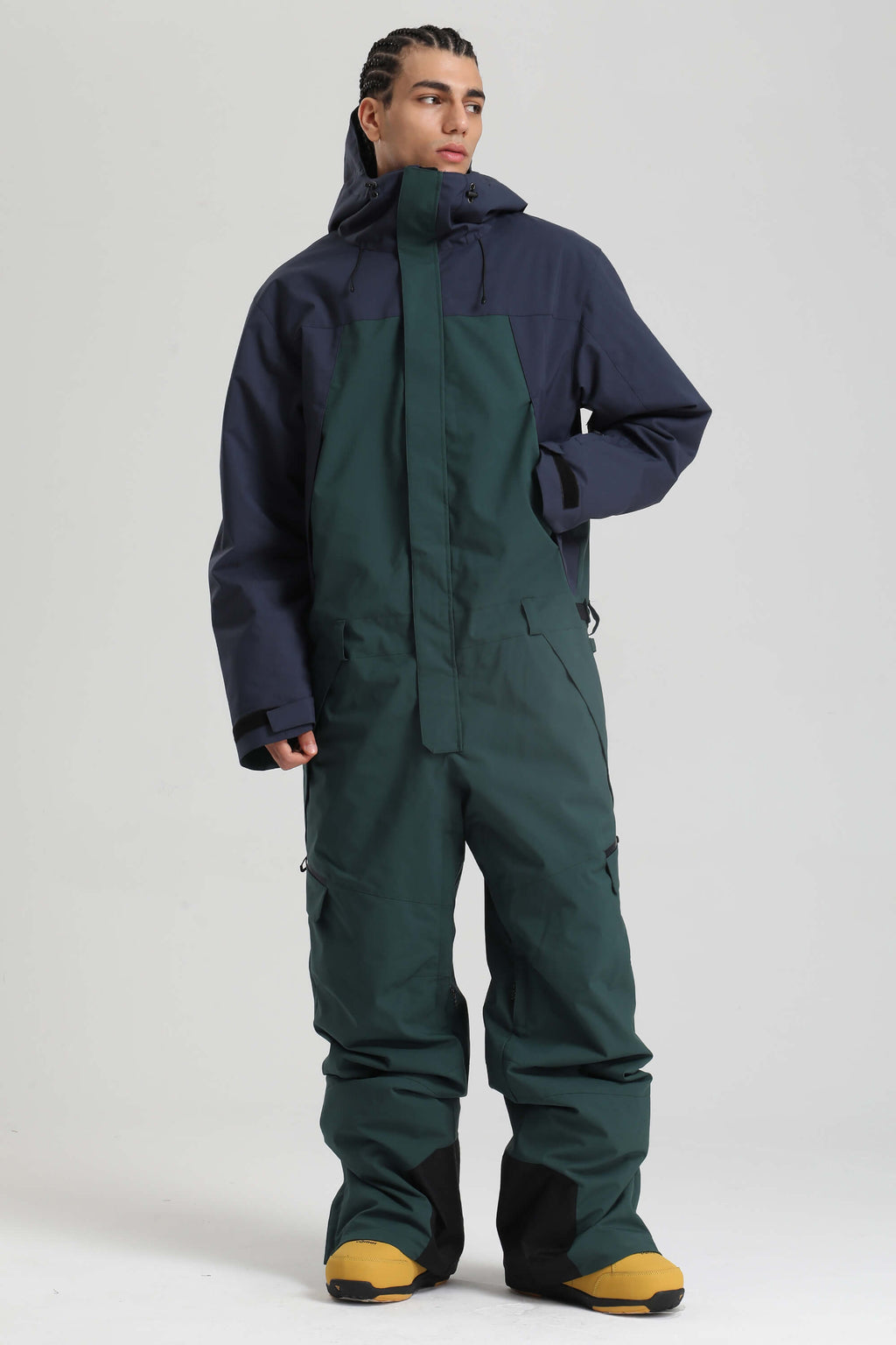 Men's Black & Green Insulated Color-Block Utility Baggy One-Piece Ski Suit Snowboard Suit