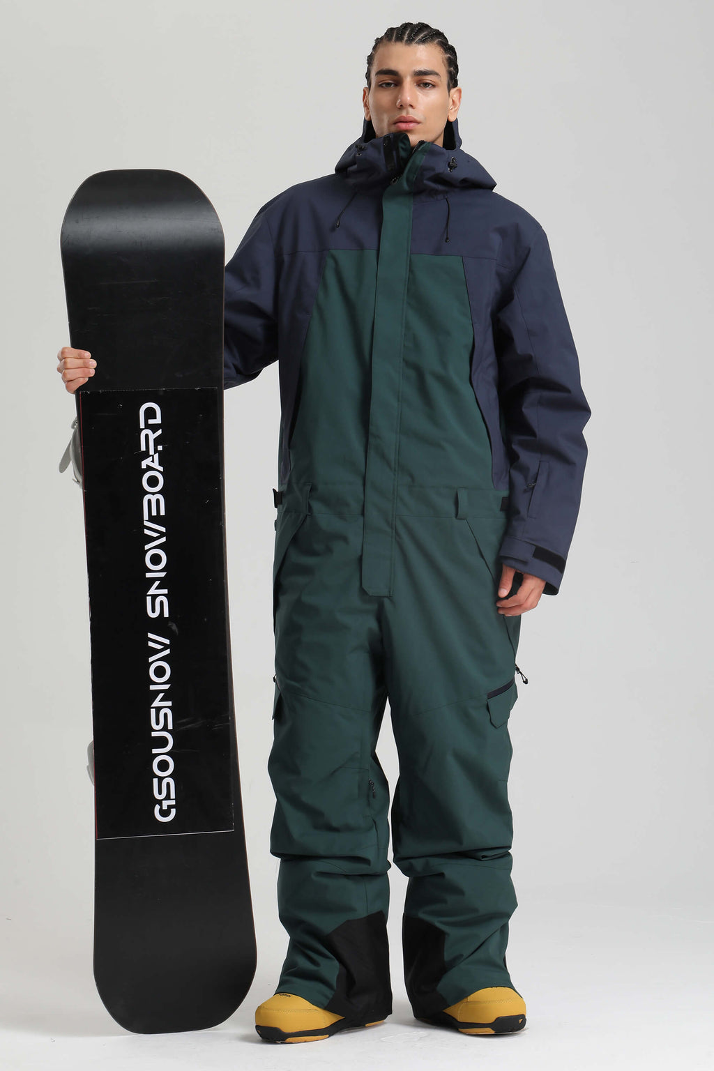 Men's Black & Khaki Insulated Color-Block Utility Baggy One-Piece Ski Suit Snowboard Suit