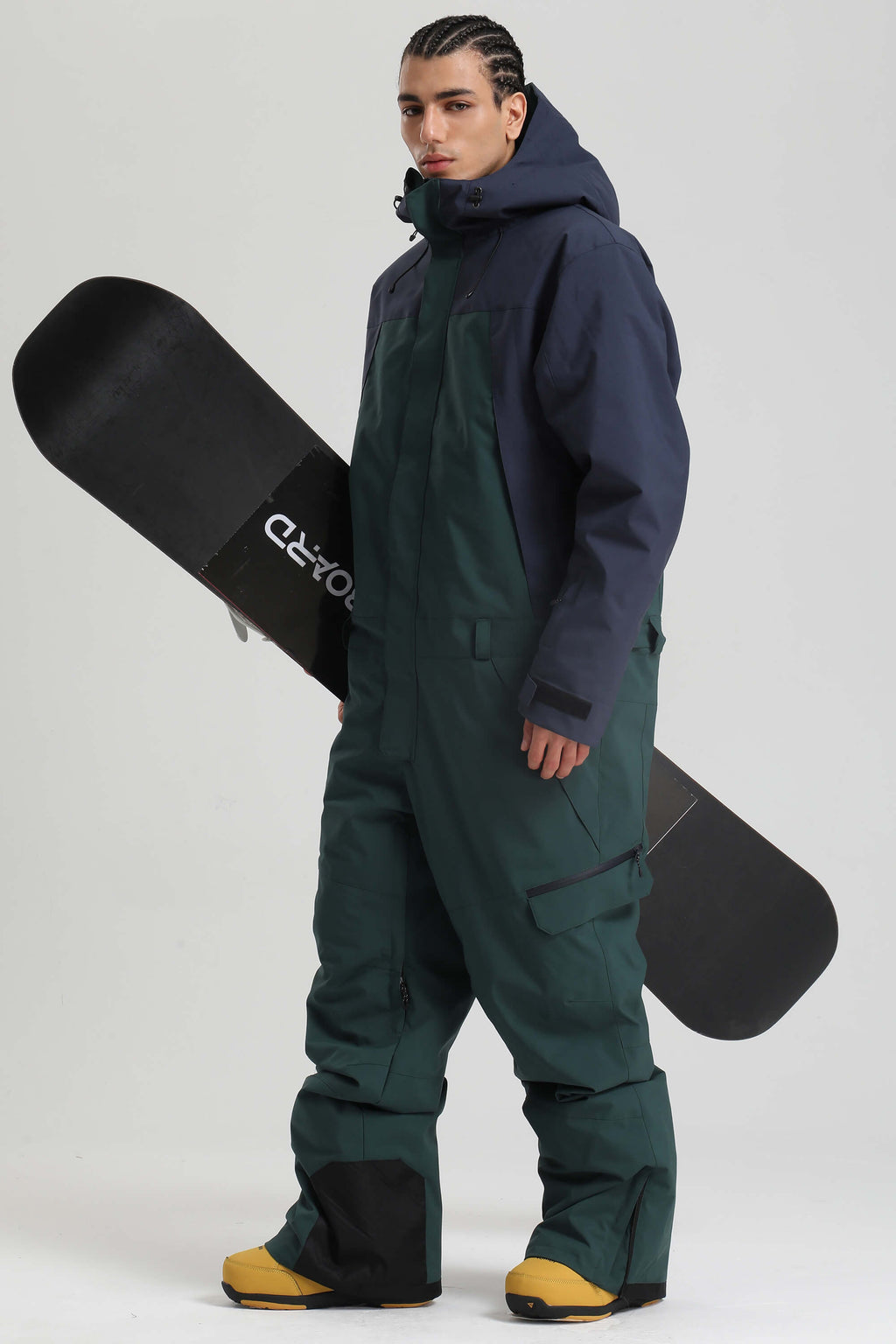 Men's Black & Green Insulated Color-block Ski Suit Utility Baggy One-Piece Snowboard Suit - Gsou Snow