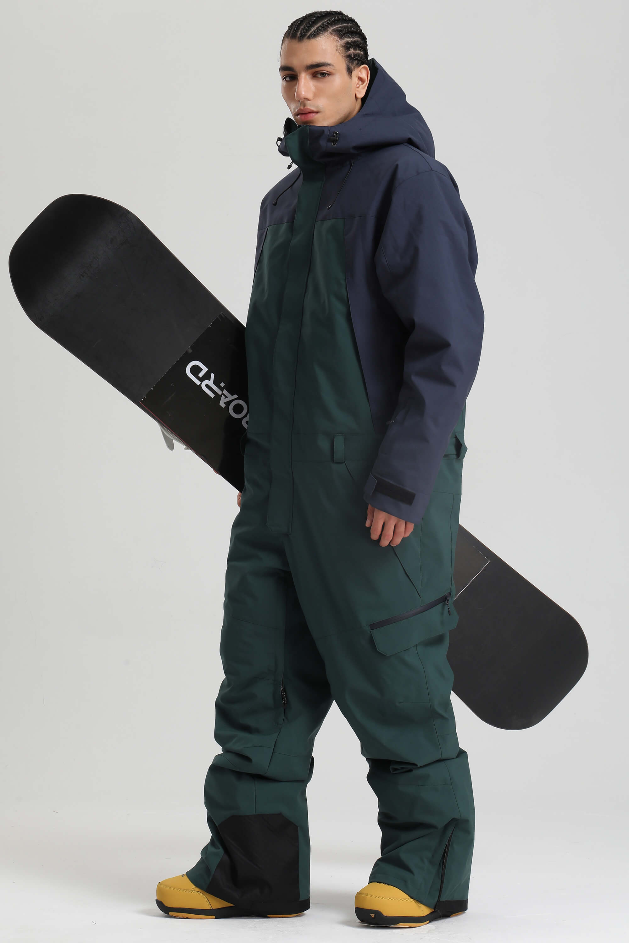 Men's Black & Green Insulated Color-block Ski Suit Utility Baggy One-Piece Snowboard Suit - Gsou Snow