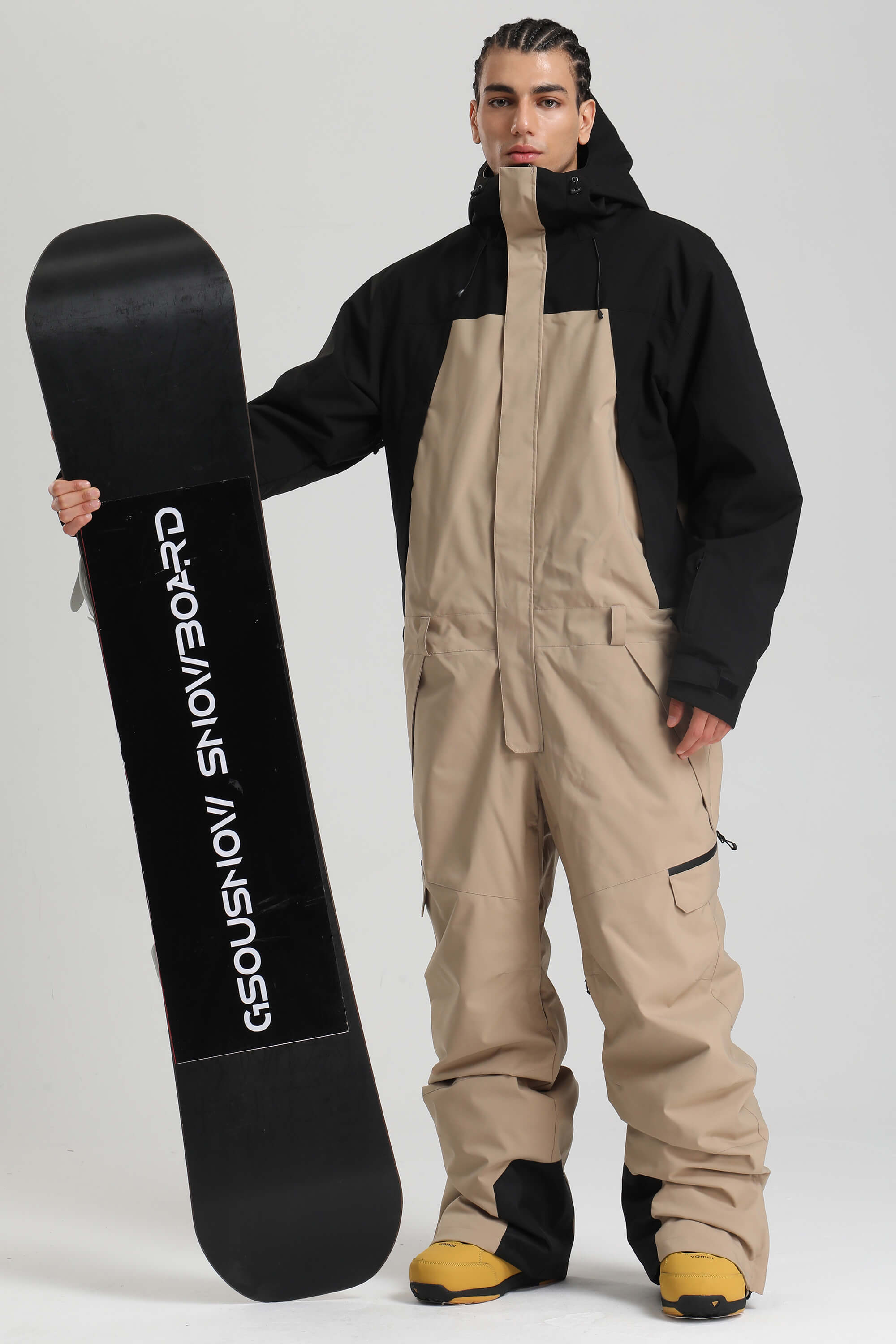 Men's Khaki & White Insulated Color-block Ski Suit Utility Baggy One-Piece Snowboard Suit - Gsou Snow