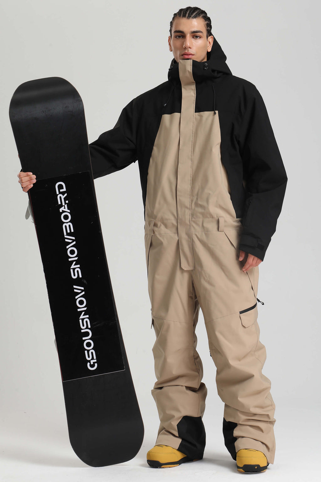 Men's Black Insulated Color-block Ski Suit Utility Baggy One-Piece Snowboard Suit - Gsou Snow