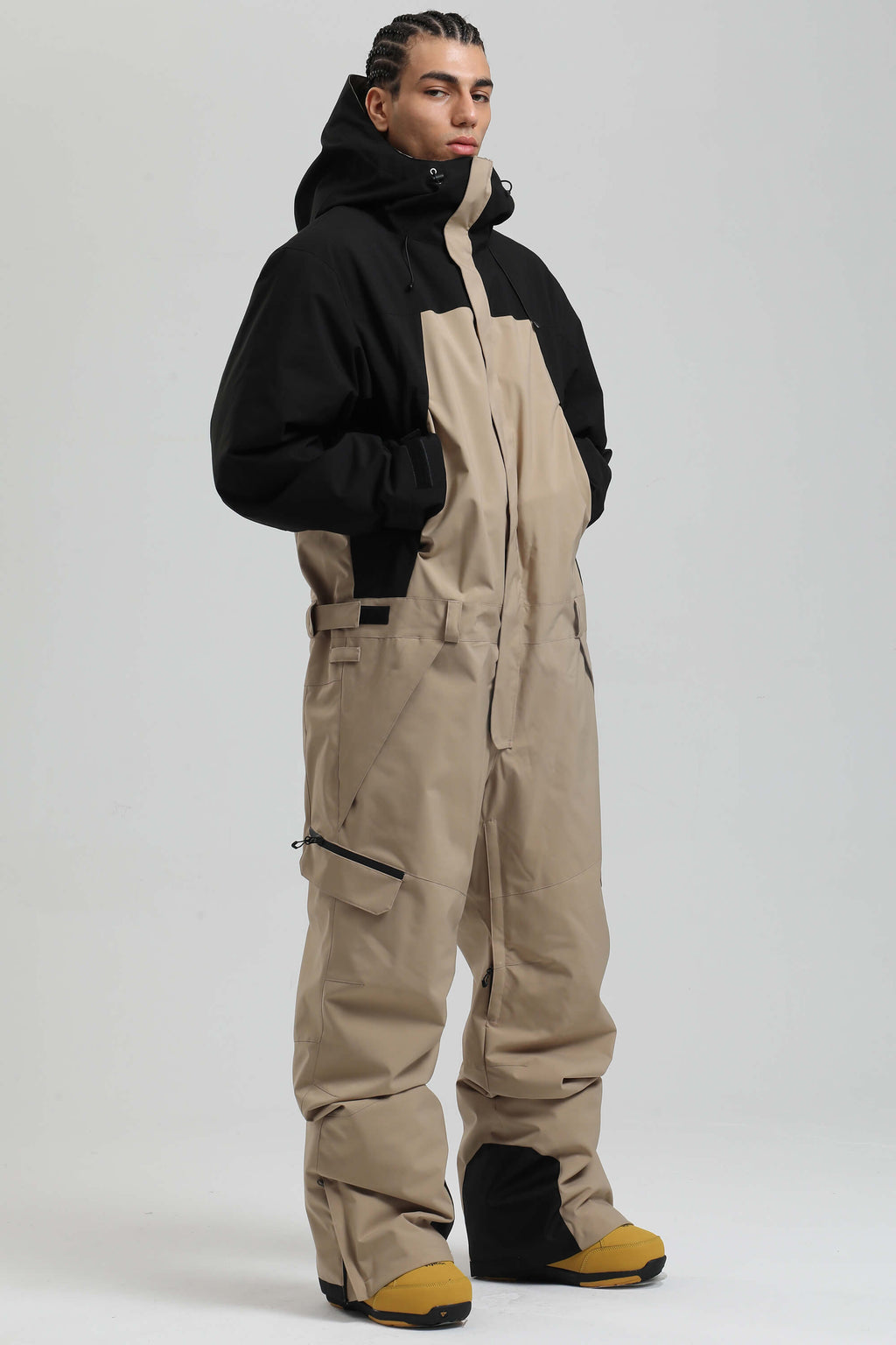 Men's Black & Green Insulated Color-Block Utility Baggy One-Piece Ski Suit Snowboard Suit