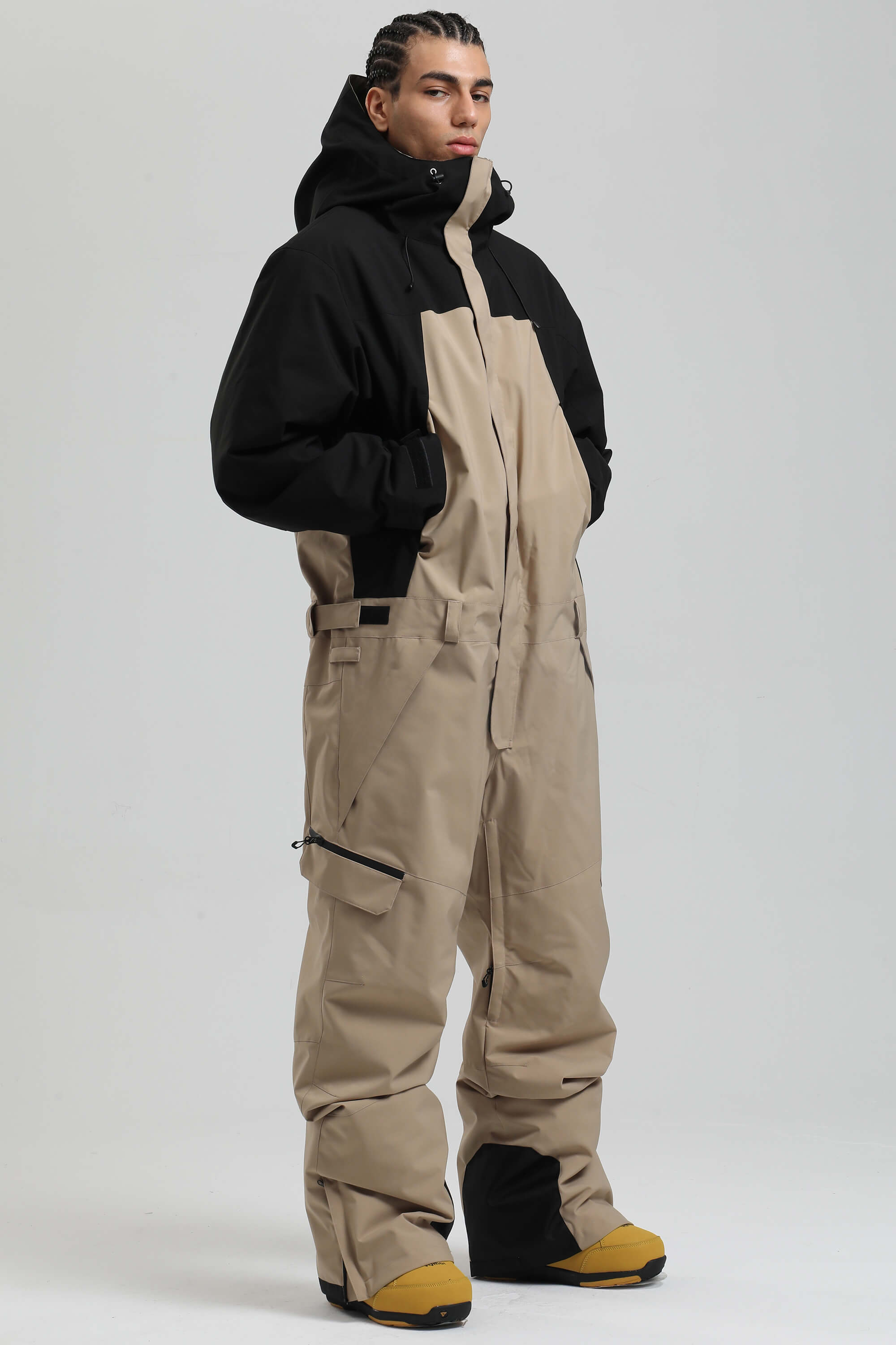 Men's Black & Green Insulated Color-Block Utility Baggy One-Piece Ski Suit Snowboard Suit