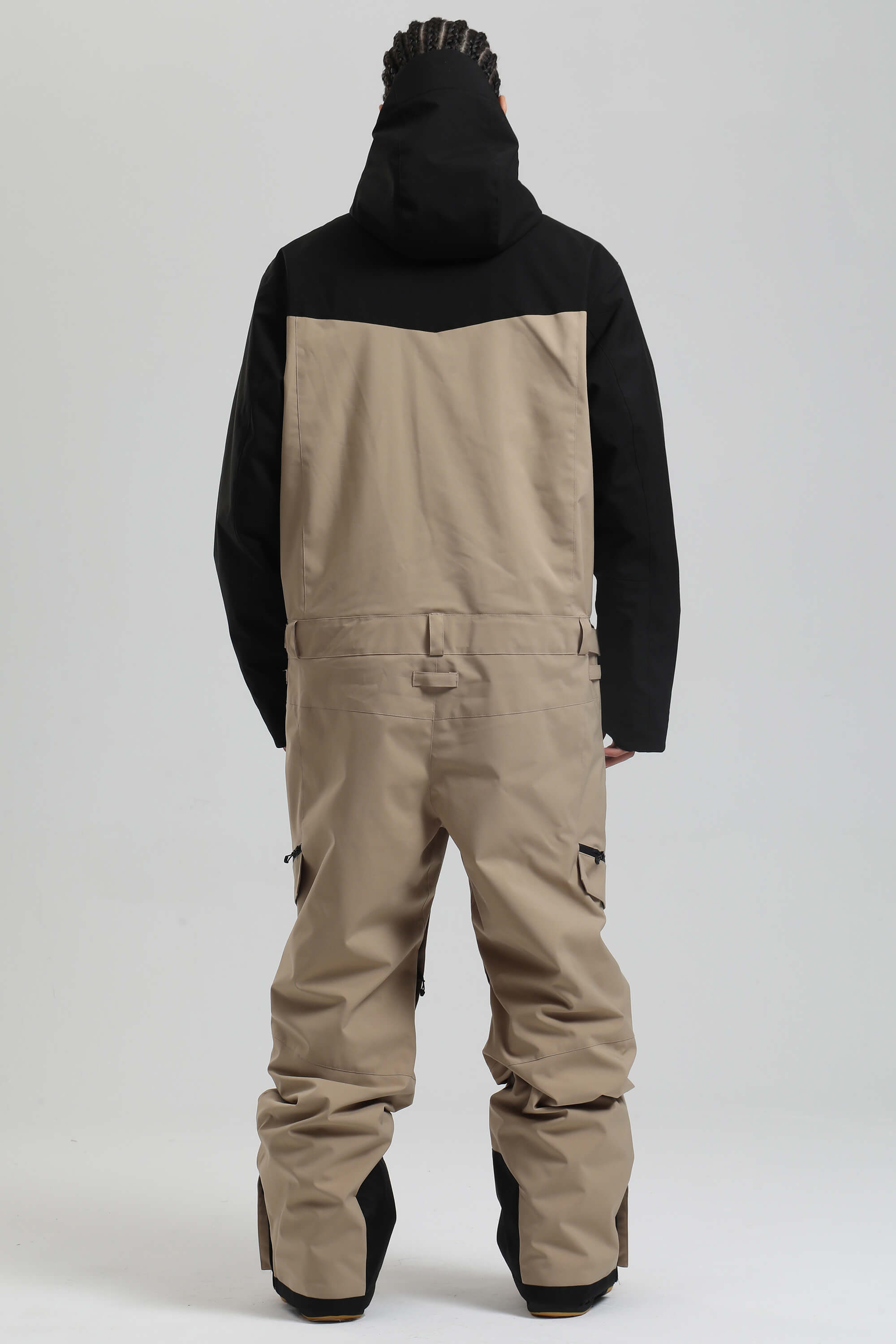 Men's Black & Khaki Insulated Color-block Ski Suit Utility Baggy One-Piece Snowboard Suit - Gsou Snow