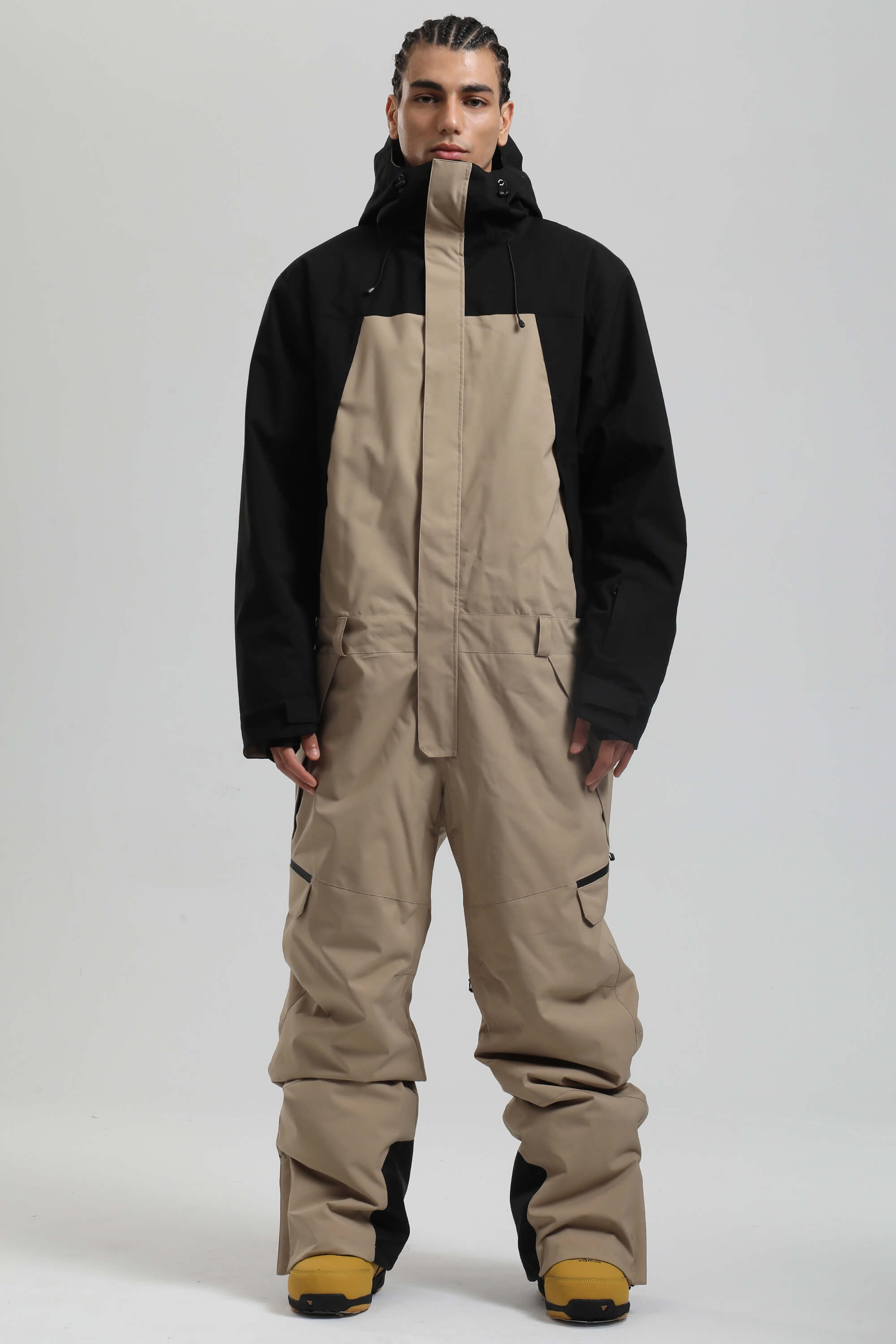 Men's Black & Khaki Insulated Color-block Ski Suit Utility Baggy One-Piece Snowboard Suit - Gsou Snow