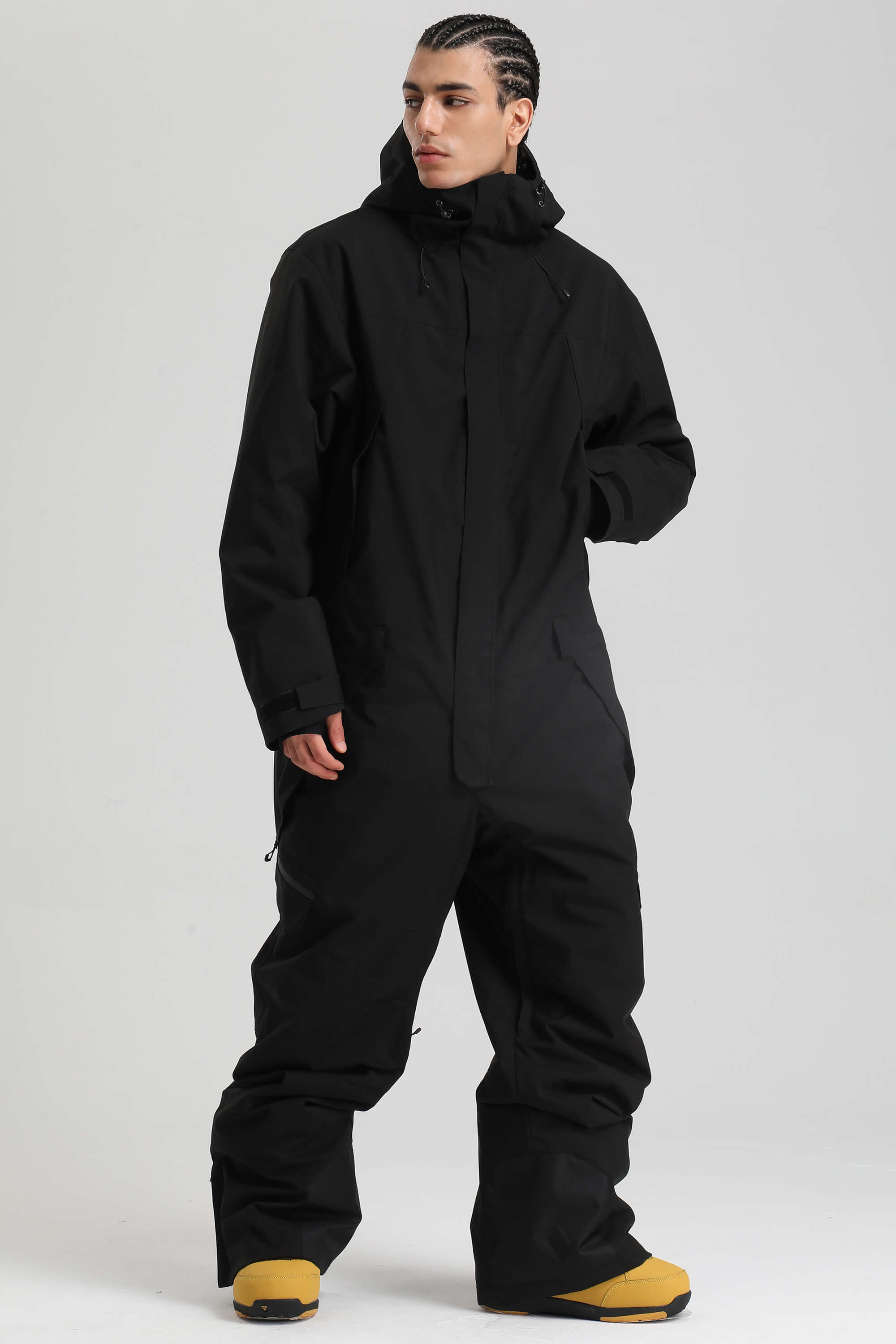 Men's Black Insulated Color-Block Utility Baggy One-Piece Ski Suit Snowboard Suit