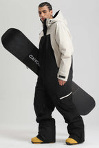 Men's Black & Green Insulated Color-Block Utility Baggy One-Piece Ski Suit Snowboard Suit