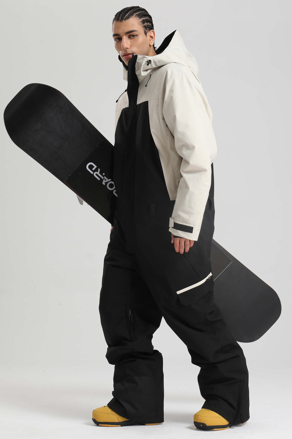 Men's Black Insulated Color-block Ski Suit Utility Baggy One-Piece Snowboard Suit - Gsou Snow