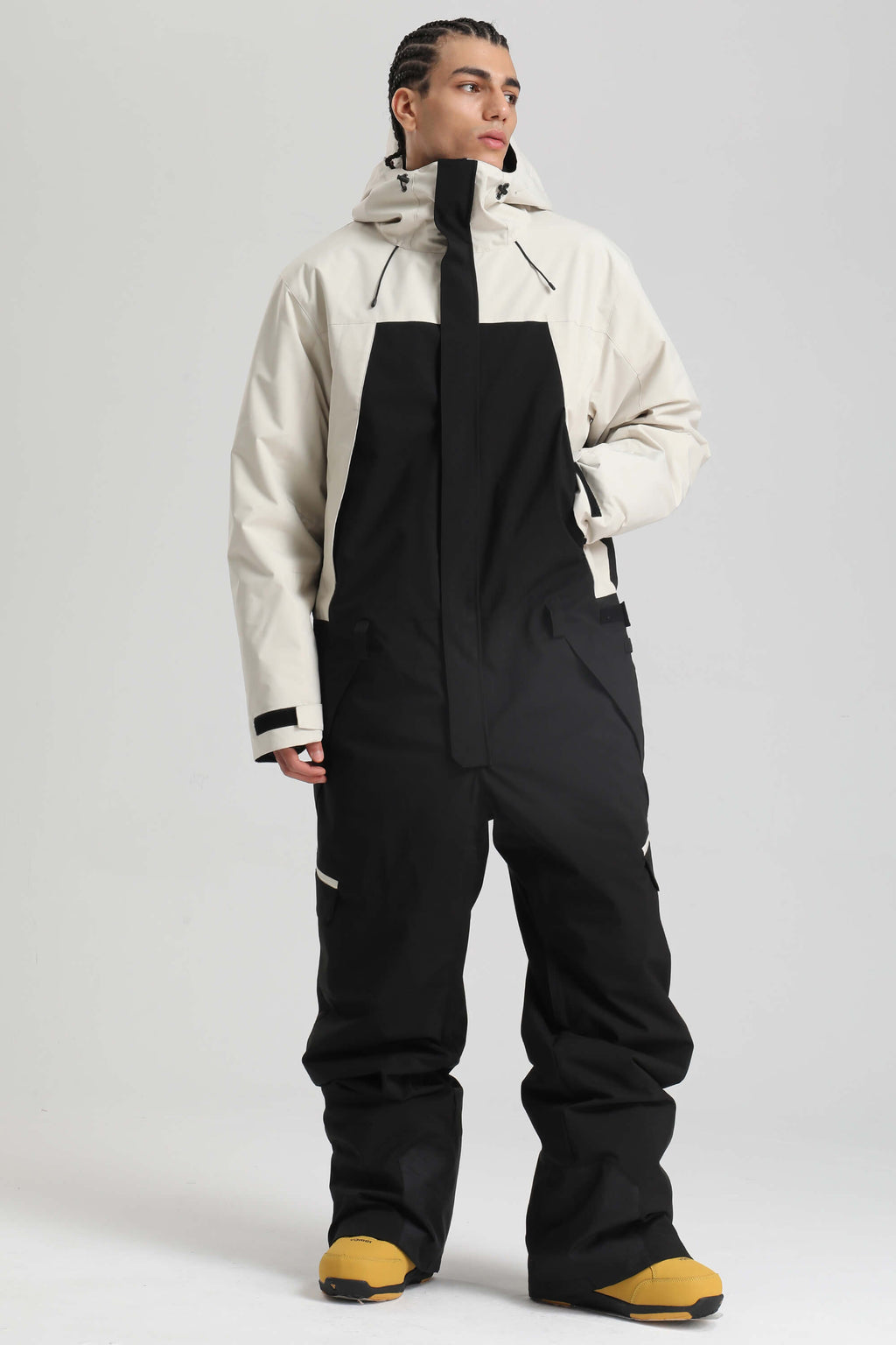 Men's White & Black Insulated Color-Block Utility Baggy One-Piece Ski Suit Snowboard Suit