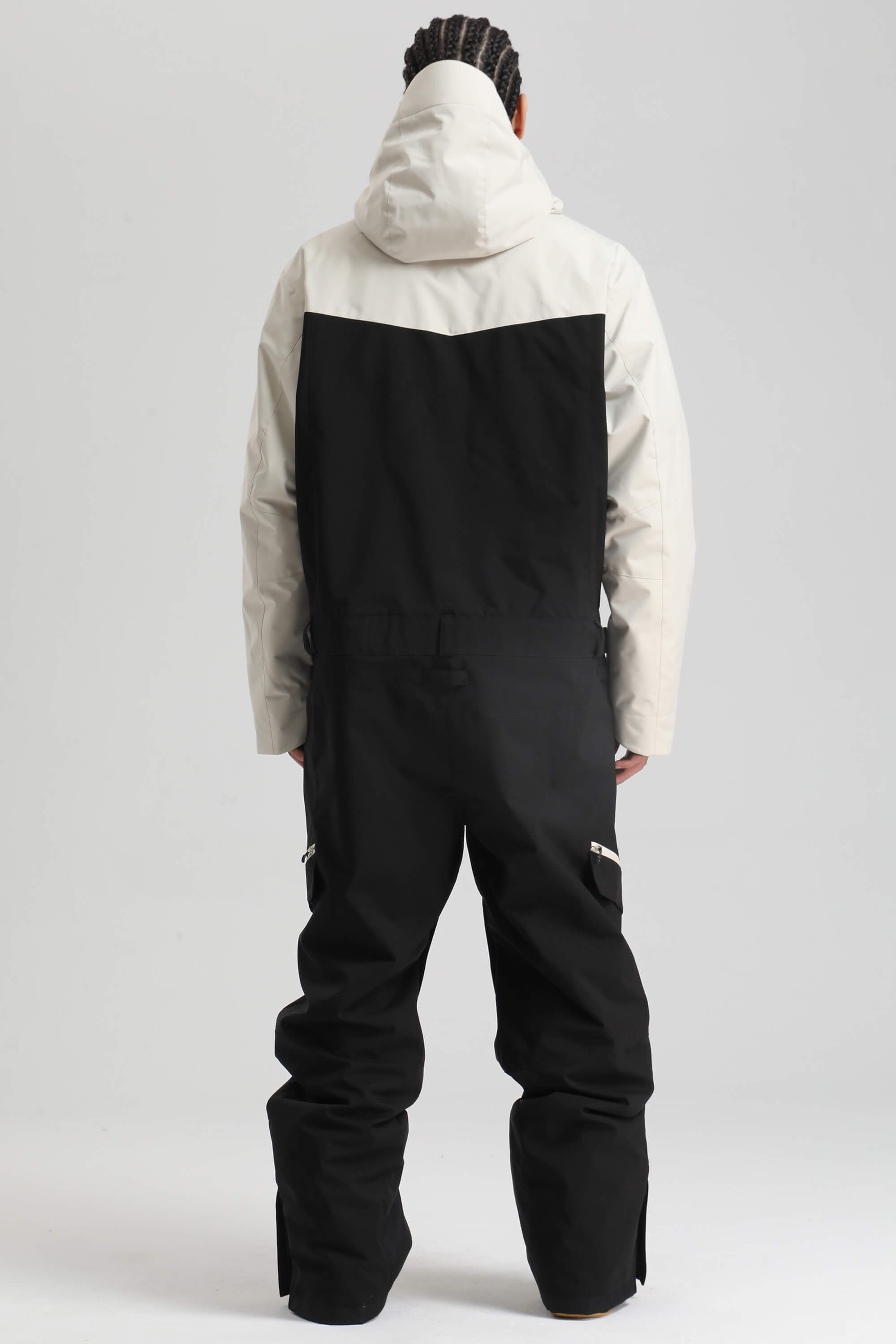 Men's White & Black Insulated Color-block Ski Suit Utility Baggy One-Piece Snowboard Suit - Gsou Snow