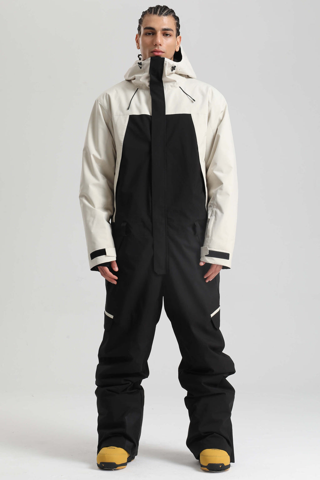 Men's White & Black Insulated Color-block Ski Suit Utility Baggy One-Piece Snowboard Suit - Gsou Snow