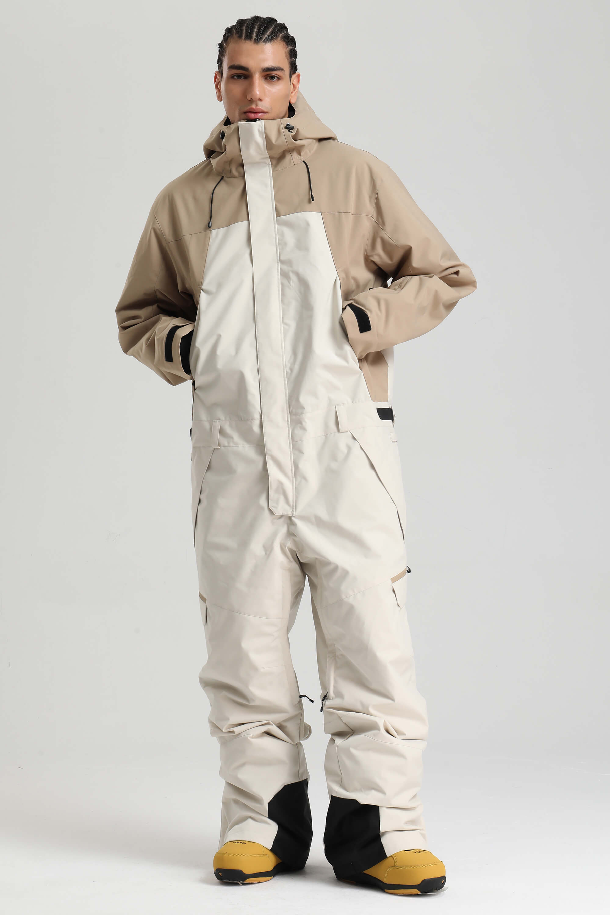 Men's Black & White Insulated Color-Block Utility Baggy One-Piece Ski Suit Snowboard Suit