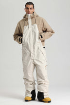 Men's Khaki & White Insulated Color-Block Utility Baggy One-Piece Ski Suit Snowboard Suit