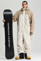 Men's Black Insulated Color-Block Utility Baggy One-Piece Ski Suit Snowboard Suit