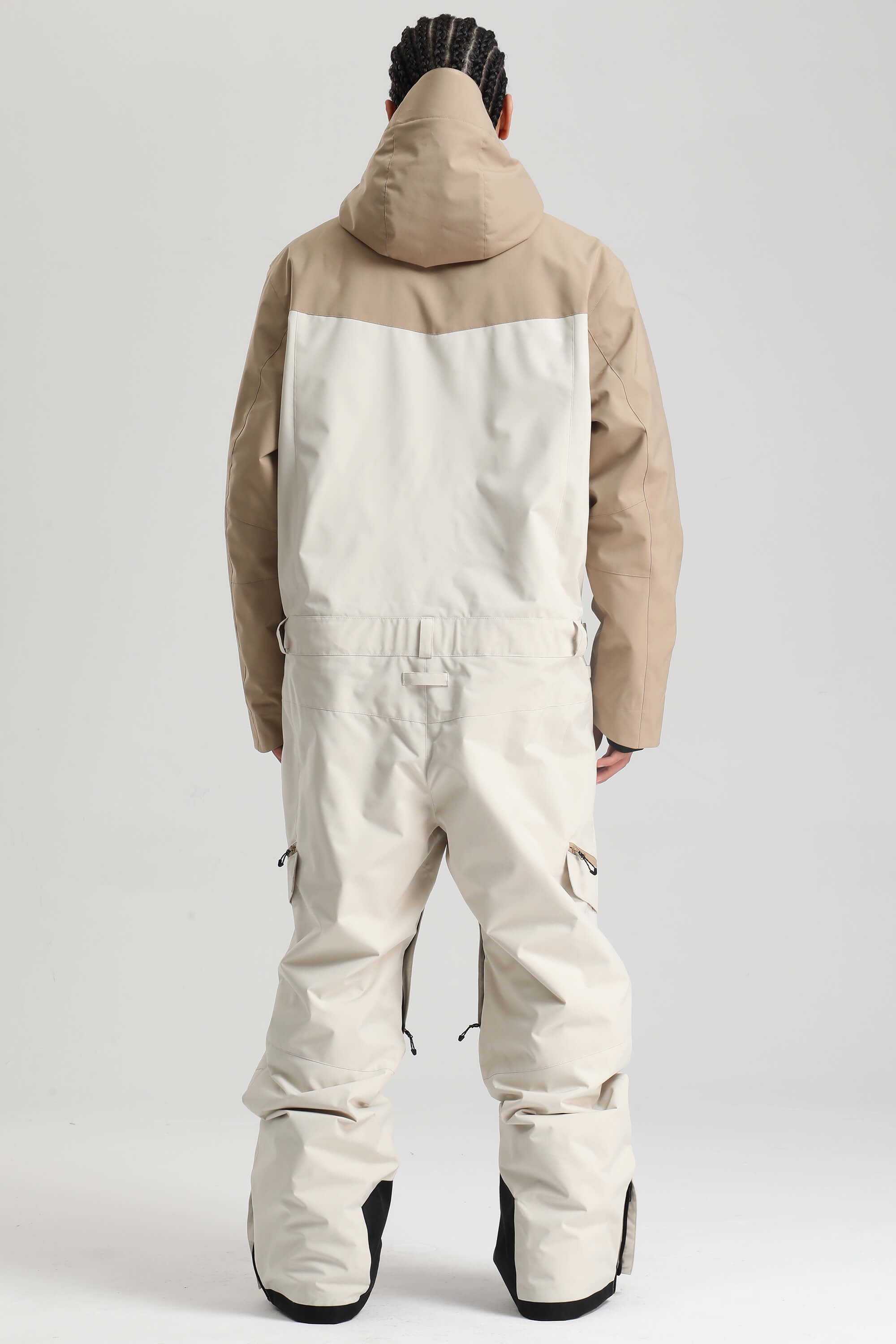 Men's Khaki & White Insulated Color-block Ski Suit Utility Baggy One-Piece Snowboard Suit - Gsou Snow