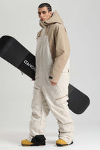 Men's Khaki & White Insulated Color-block Ski Suit Utility Baggy One-Piece Snowboard Suit - Gsou Snow