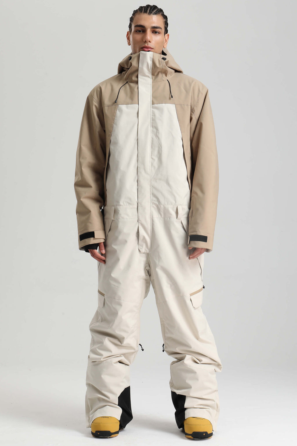 Men's Khaki & White Insulated Color-block Ski Suit Utility Baggy One-Piece Snowboard Suit - Gsou Snow