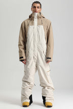 Men's Khaki & White Insulated Color-block Ski Suit Utility Baggy One-Piece Snowboard Suit - Gsou Snow