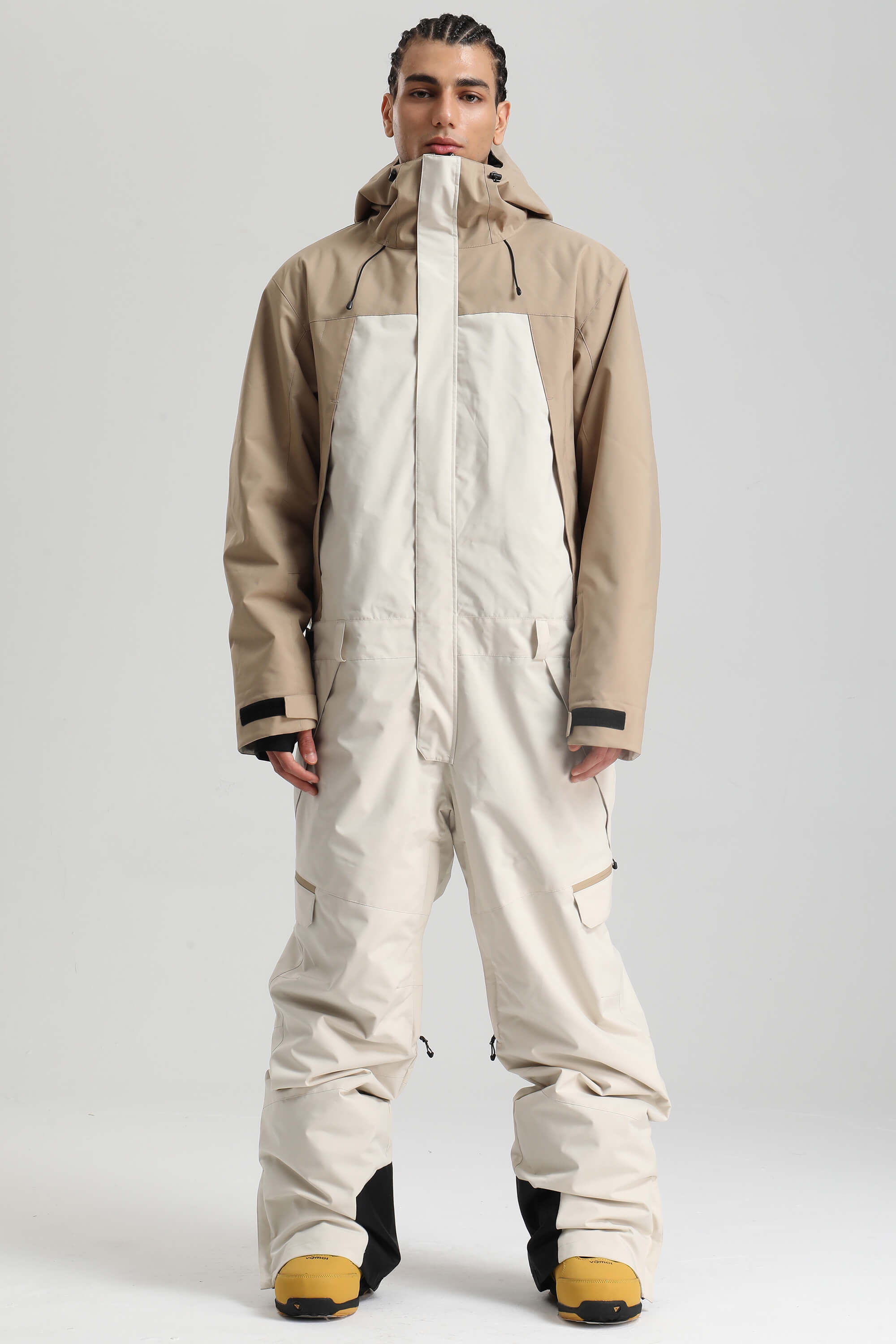 Men's Khaki & White Insulated Color-block Ski Suit Utility Baggy One-Piece Snowboard Suit - Gsou Snow